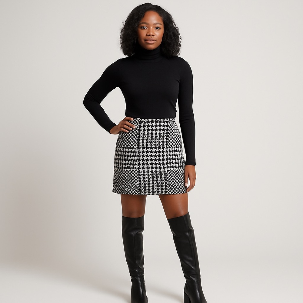 Oui houndstooth mini skirt 20% wool black & white classic & timeless size 6